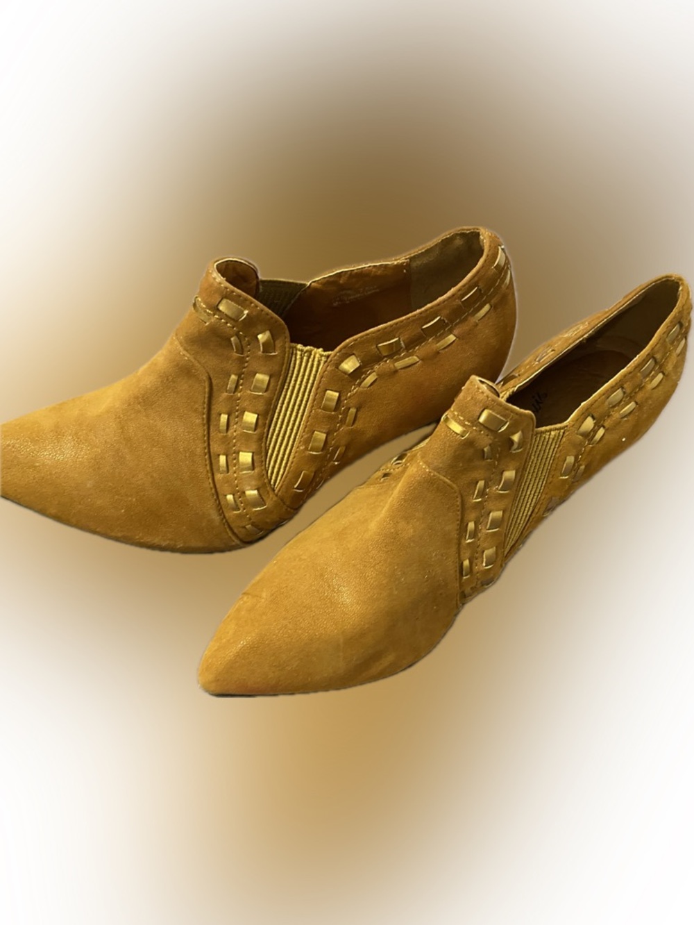 Pointed Suede Ankle Booties with Decorative Cutouts in Tan - Picture 10 of 16